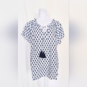 Talbots Petites Size XL Petite Ruffle Trim Cotton Fan Foulard Blouse Top Blue